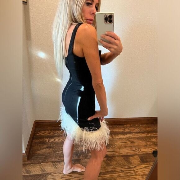 MANURÍ Rinna Ostrich Feather Trim Square Neck Dress Black White Revolve Small - Picture 8 of 9